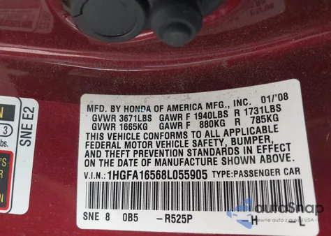 2008 Honda Civic Lx z USA, uszkodzony, nr VIN 1HGFA16568L055905